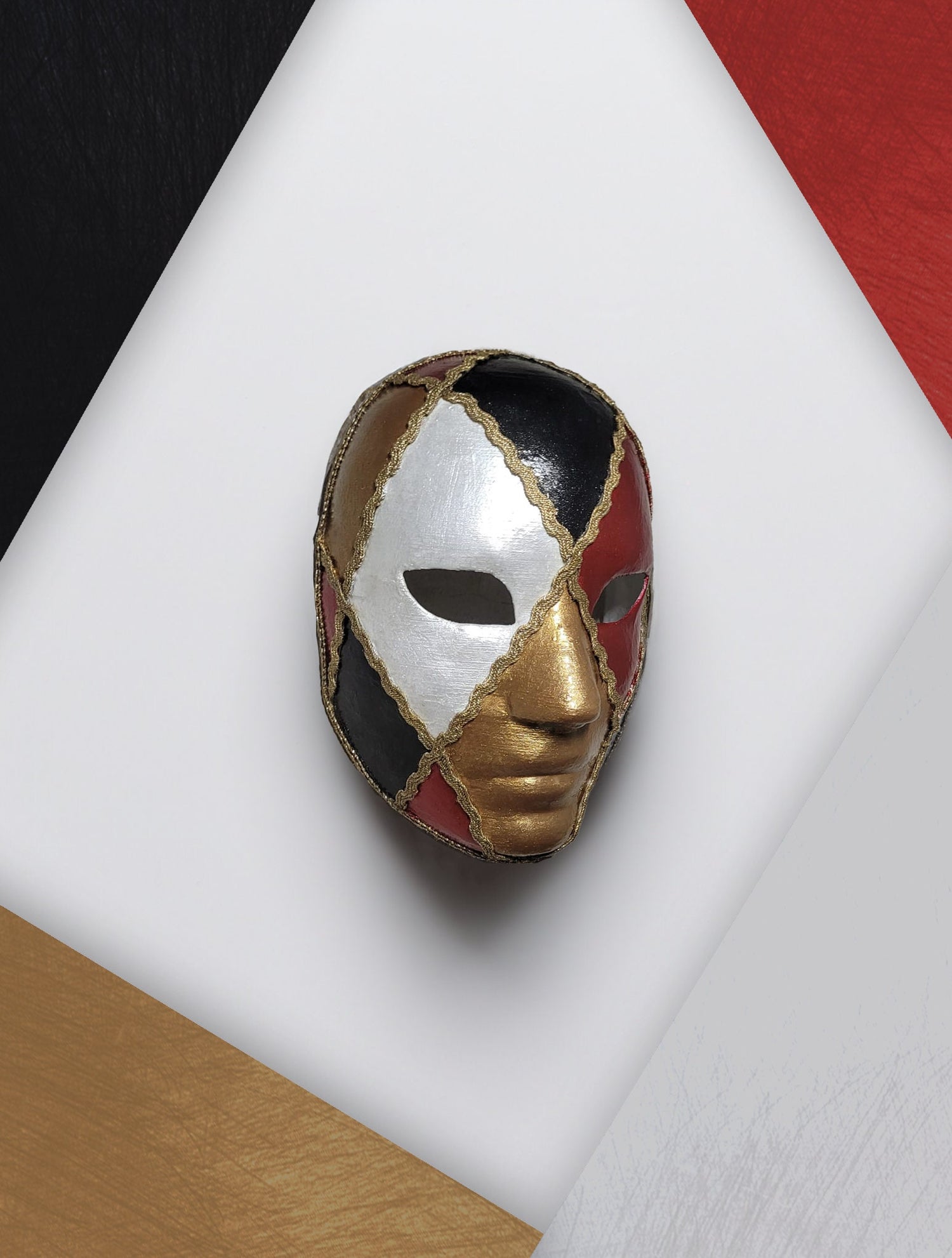 Harlequin Style Red, Gold, Black and White - Venetian Mask - Bauta Mask -