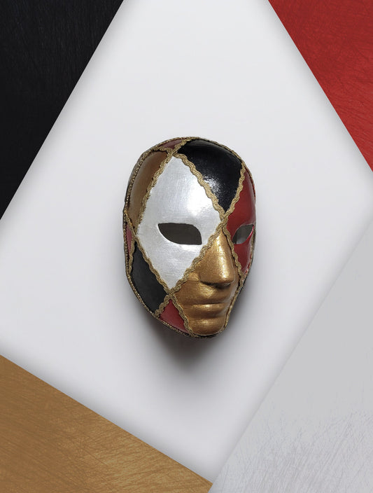 Harlequin Style Red, Gold, Black and White - Venetian Mask - Bauta Mask