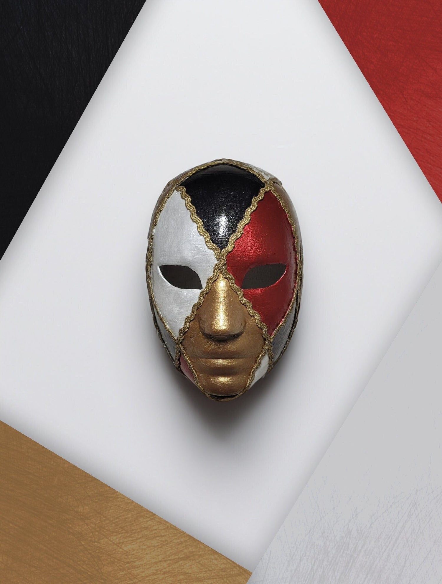 Harlequin Style Red, Gold, Black and White - Venetian Mask - Bauta Mask -