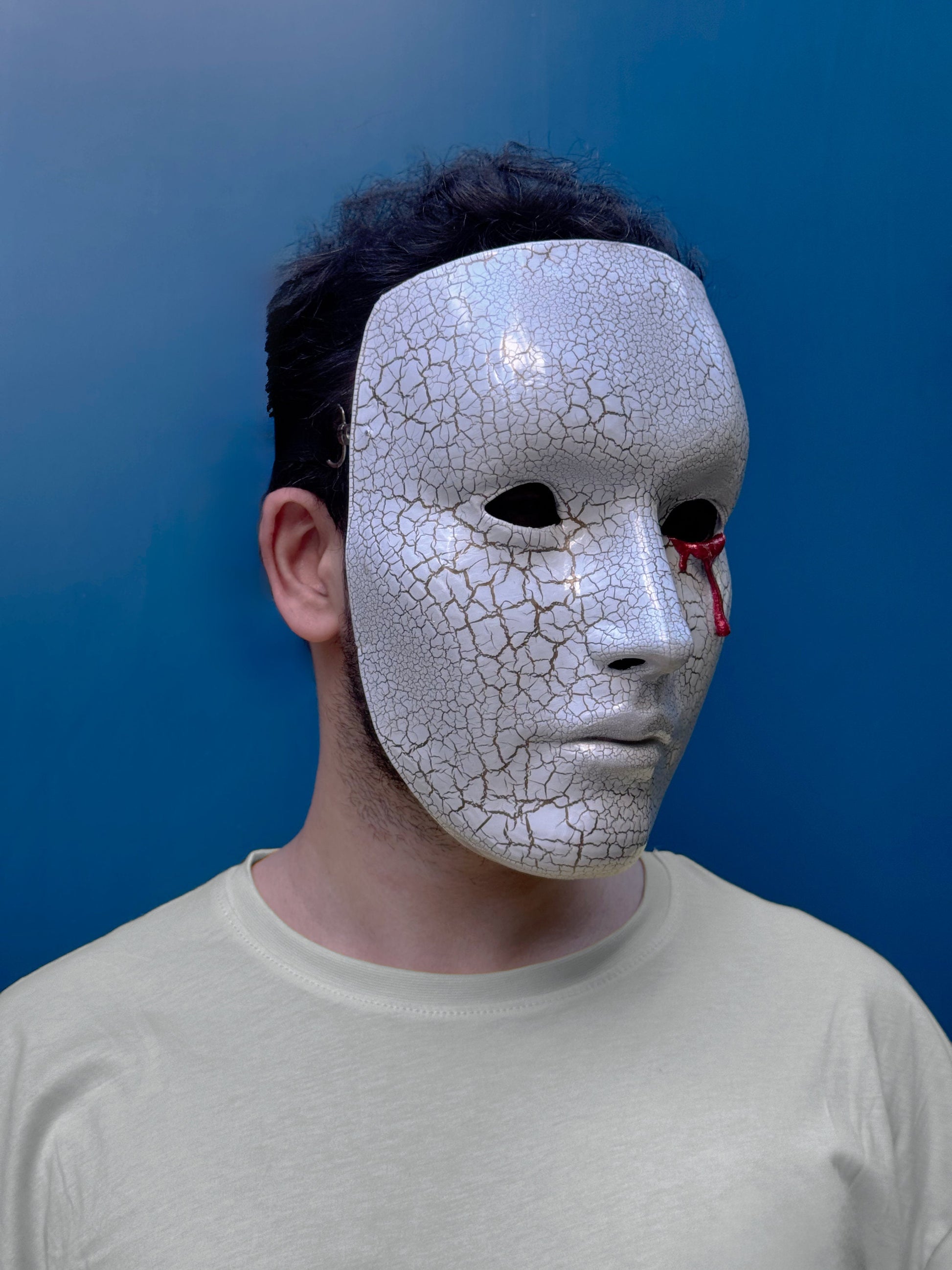 Blood Crying Venetian Mask - Bloddy Eye - Cracking Face Pattern - White Mask -
