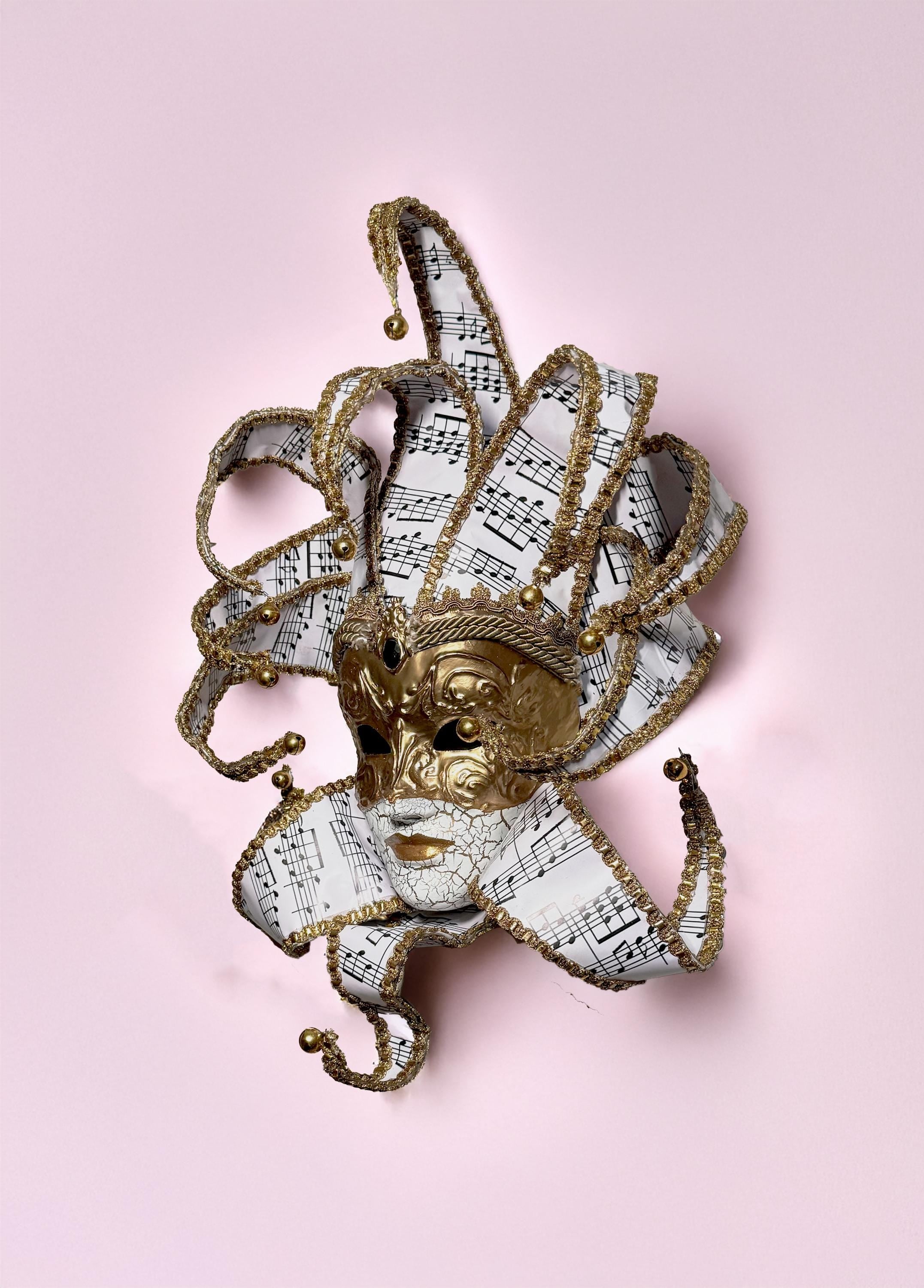 Musical Jester Mask - Gold Full Face with Pink Music Motifs - Venetian Sun