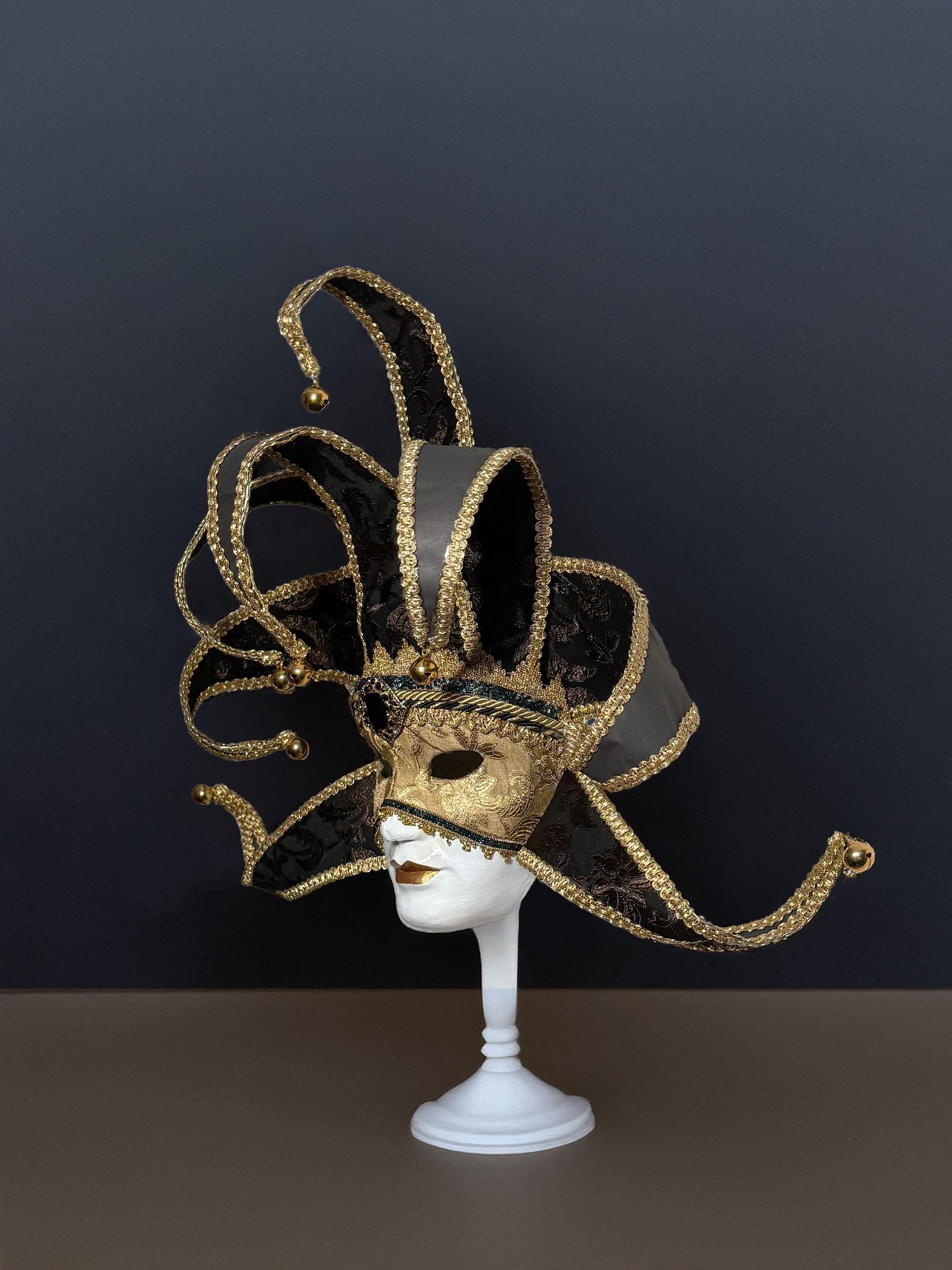 Black and Gold Luxury Jester Mask - Venetian Mask - Luxurious Fabric Mask -