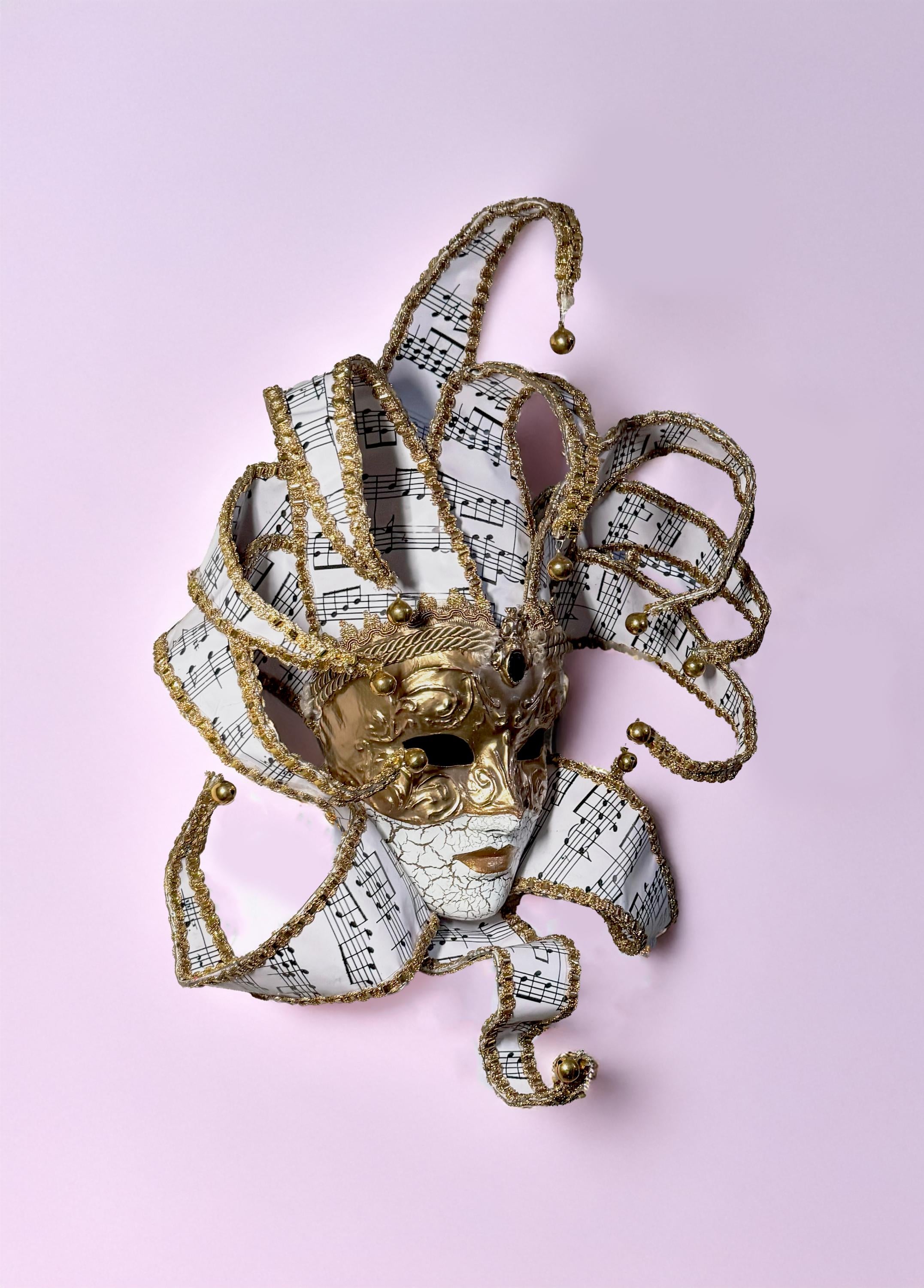 Musical Jester Mask - Gold Full Face with Pink Music Motifs - Venetian Sun