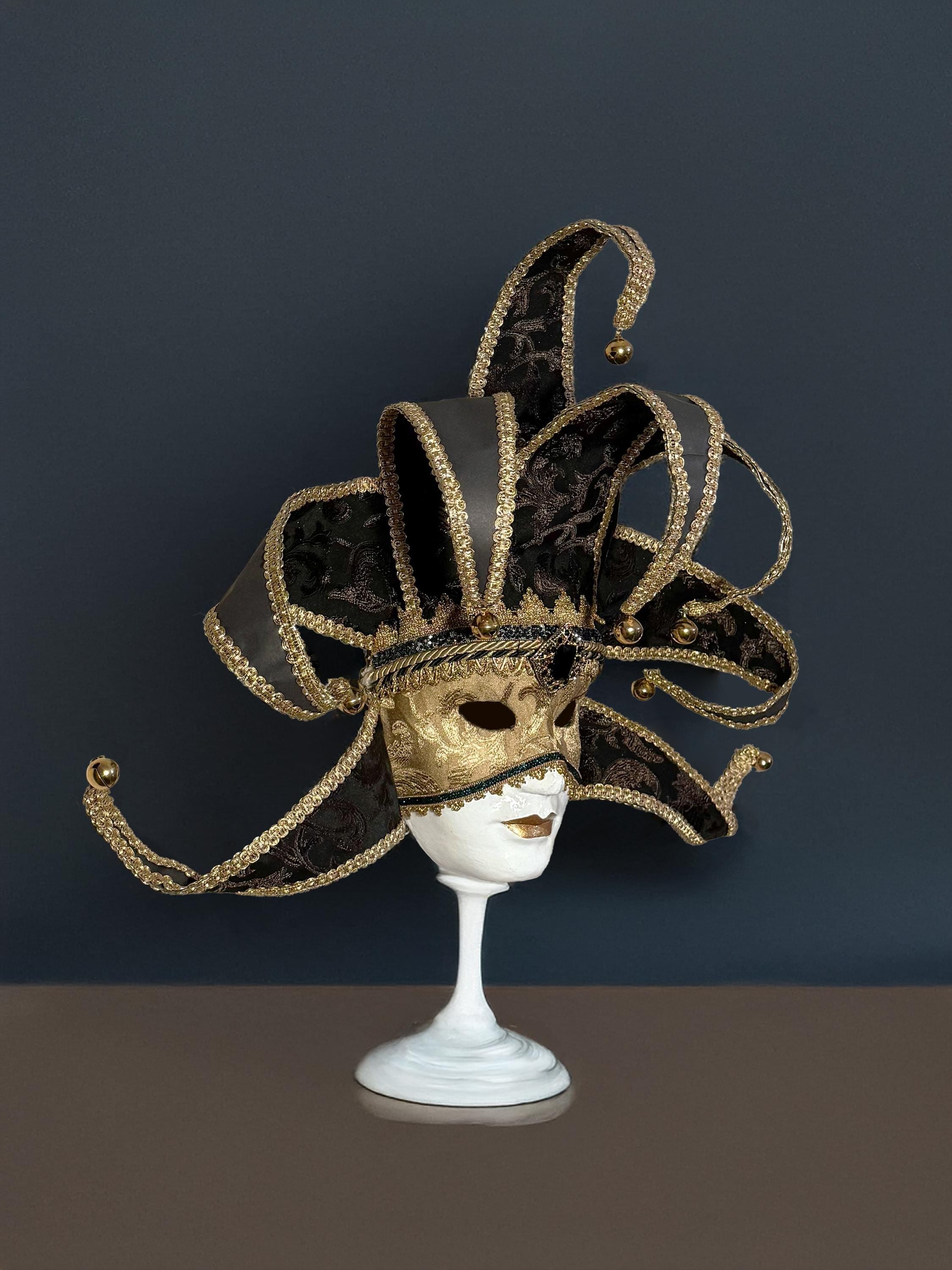 Black and Gold Luxury Jester Mask - Venetian Mask - Luxurious Fabric Mask -