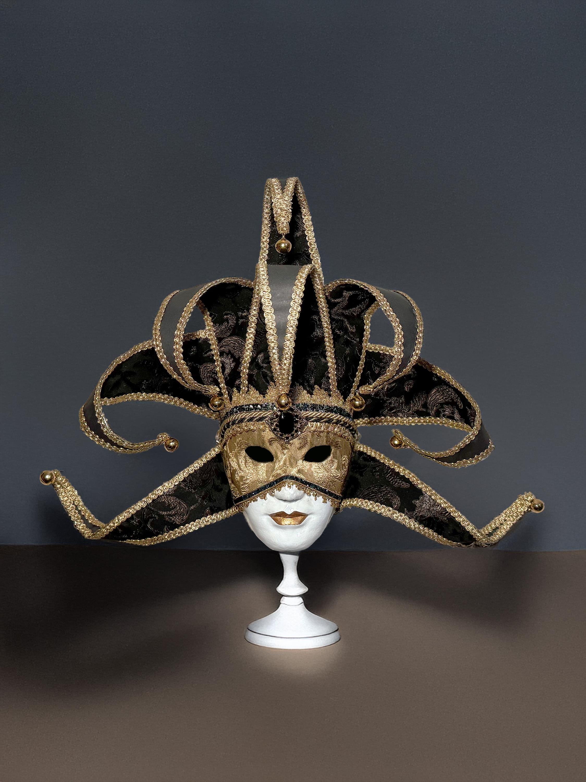 Black and Gold Luxury Jester Mask - Venetian Mask - Luxurious Fabric Mask -