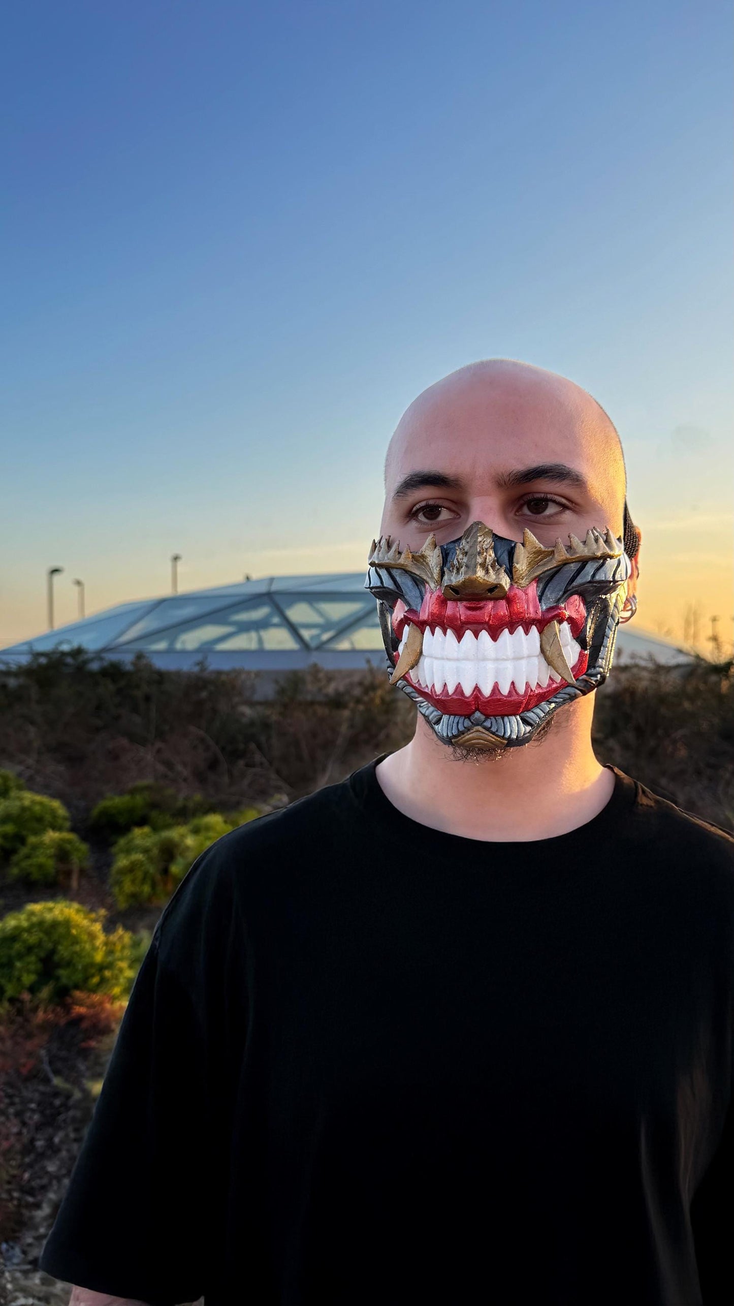 Dark Cyber Samurai Half  Oni Mask - Mythology Masquerade -  dark mask with white teeth - Oni Demons - Japanese art - Party, Cosplay, events