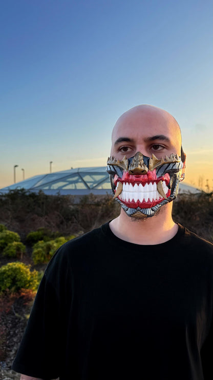 Dark Cyber Samurai Half  Oni Mask - Mythology Masquerade -  dark mask with white teeth - Oni Demons - Japanese art - Party, Cosplay, events