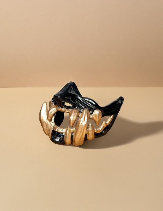 Samurai Demon Oni Mask - Mythology Masquerade - Black mask with gold teeth - Oni Demons - Japanese art - Party, Cosplay, events mask