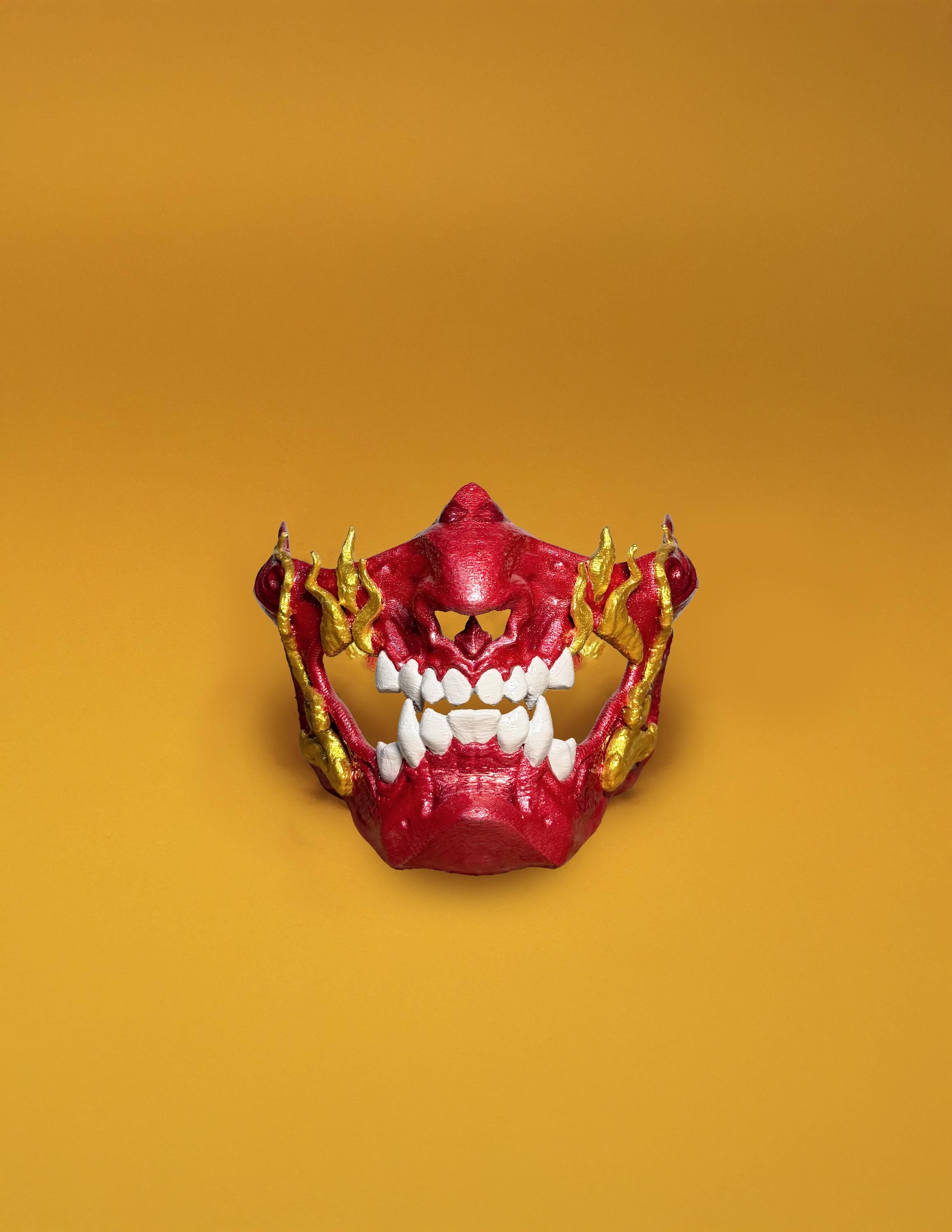 Fire Red Gold Samurai Demon Oni Mask - Mythology Masquerade - red mask with gold teeth - Oni Demons - Japanese art - Party, Cosplay, events