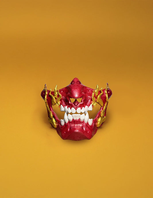 Fire Red Gold Samurai Demon Oni Mask - Mythology Masquerade - red mask with gold teeth - Oni Demons - Japanese art - Party, Cosplay, events