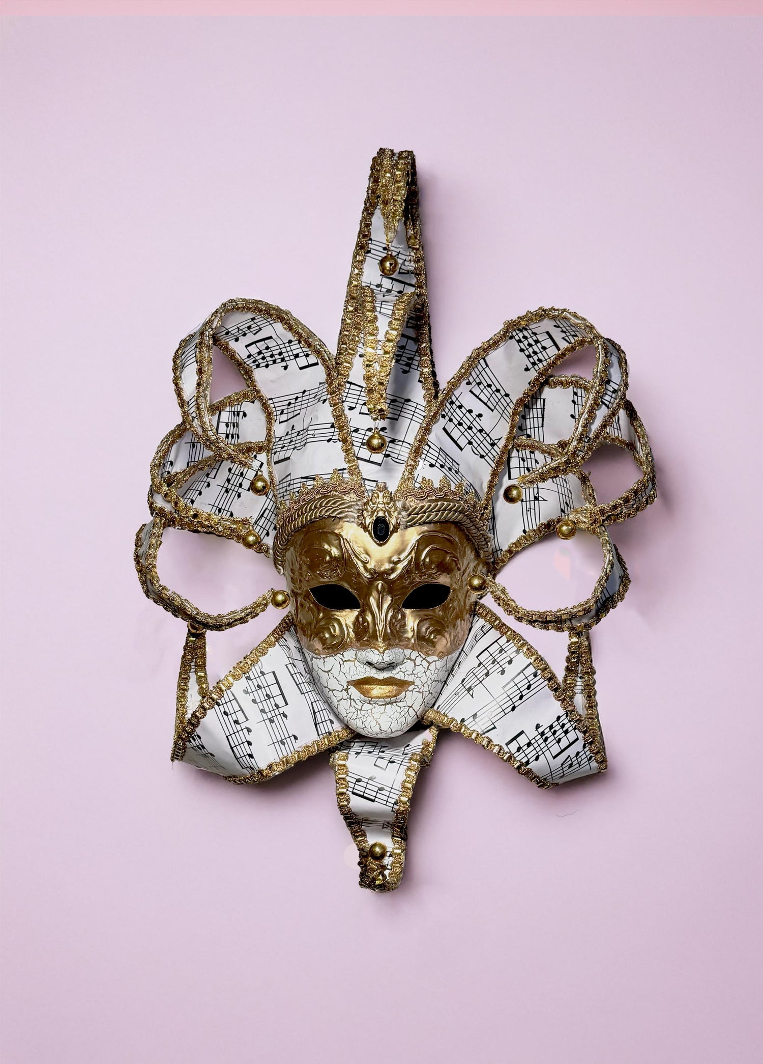 Musical Jester Mask - Gold Full Face with Pink Music Motifs - Venetian Sun
