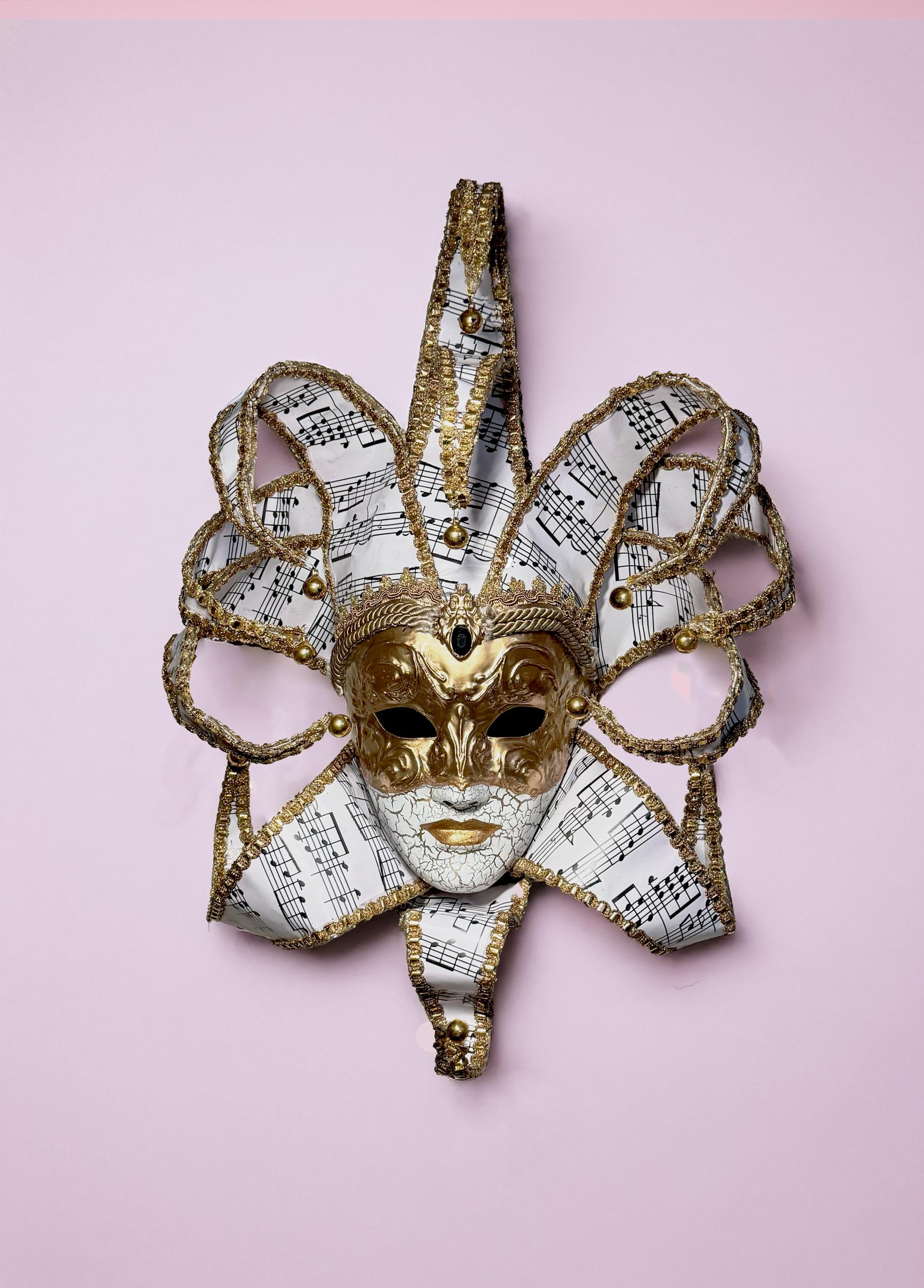 Musical Jester Mask - Gold Full Face with Pink Music Motifs - Venetian Sun