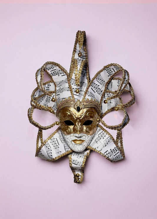 Musical Jester Mask - Gold Full Face with Pink Music Motifs - Venetian Sun