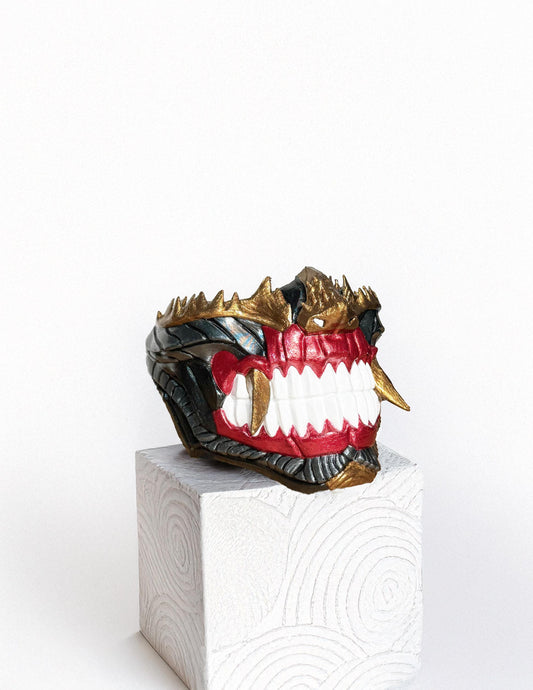 Dark Cyber Samurai Half  Oni Mask - Mythology Masquerade -  dark mask with white teeth - Oni Demons - Japanese art - Party, Cosplay, events