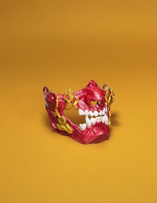 Fire Red Gold Samurai Demon Oni Mask - Mythology Masquerade -  red mask with gold teeth - Oni Demons - Japanese art - Party, Cosplay, events