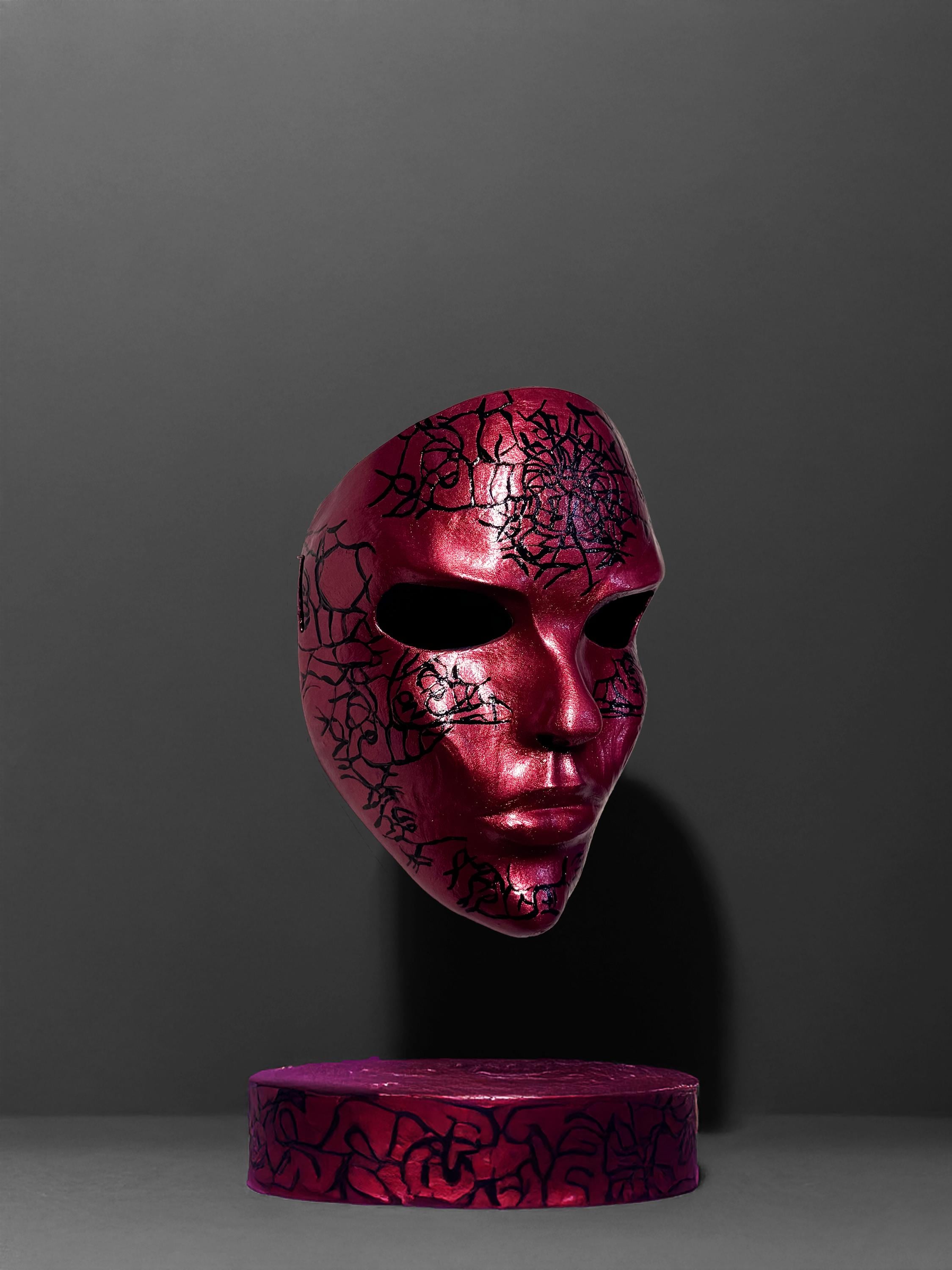 Abstract Crackle look black pattern - Handmade Red Masquerade Mask – Unique Wall Art & Costume Accessory - party, halloween, scary mask