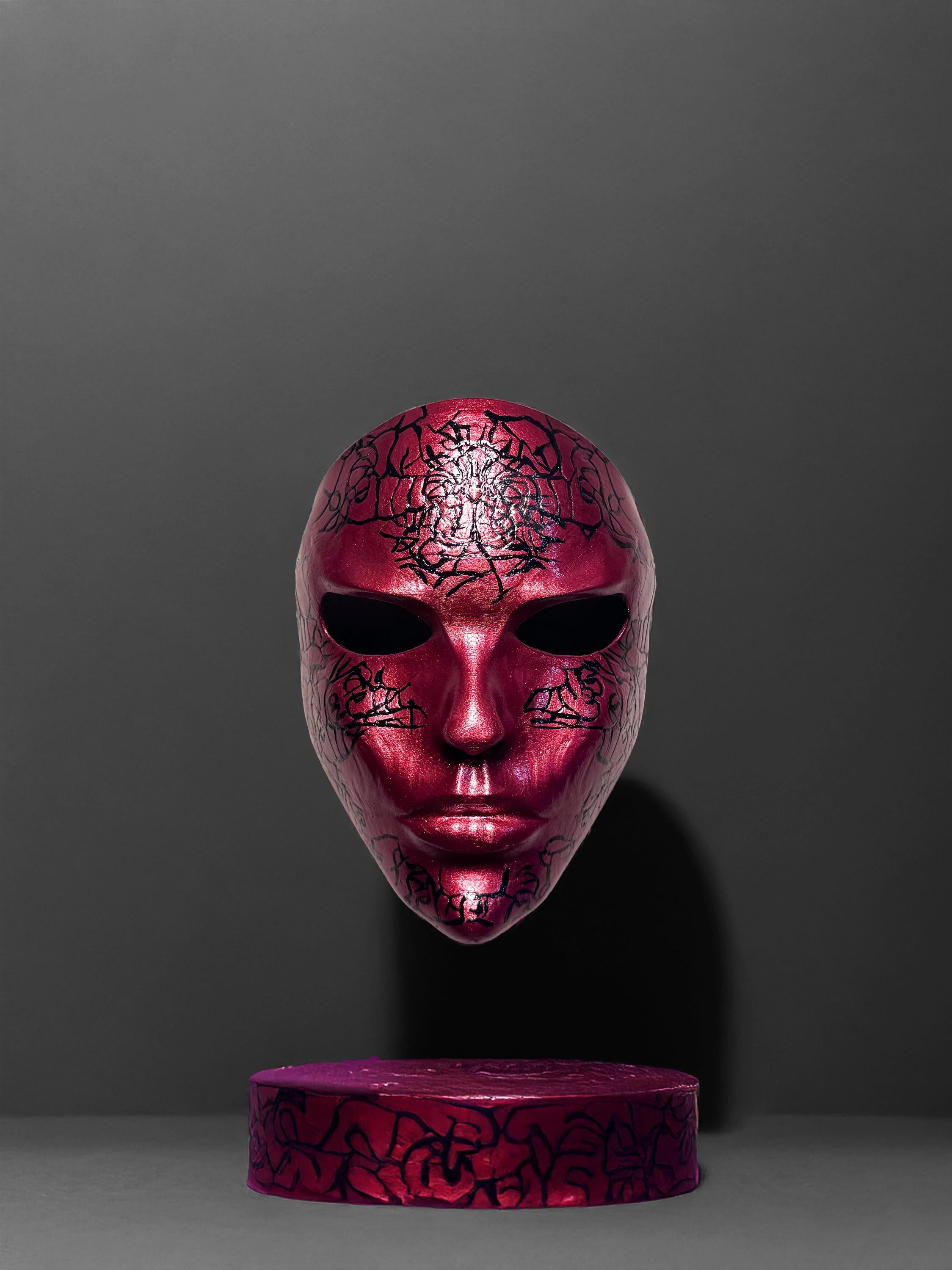 Abstract Crackle look black pattern - Handmade Red Masquerade Mask – Unique Wall Art & Costume Accessory - party, halloween, scary mask