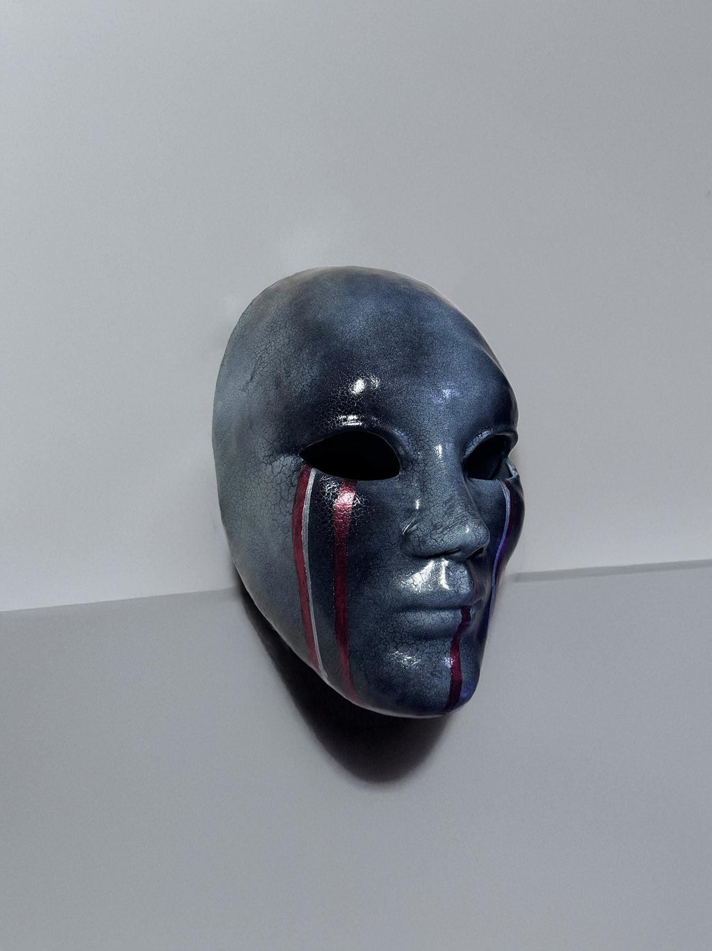 Dark Silver Crackle Face Mask with Red Stripes: Abstract Art Mask, Futuristic Halloween & Cosplay Costume