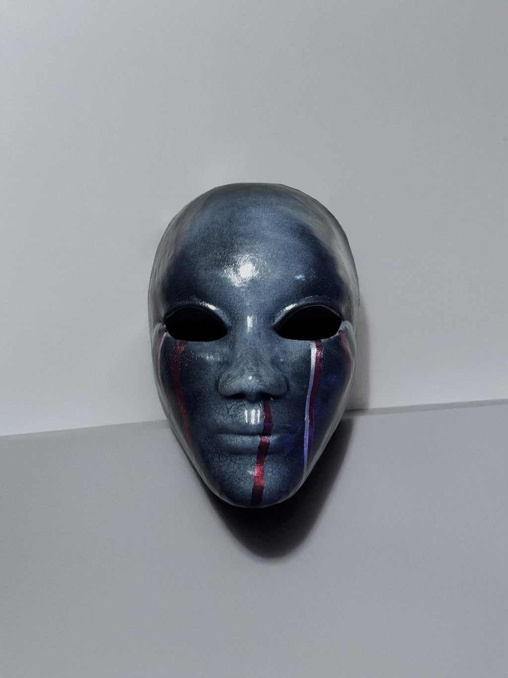 Dark Silver Crackle Face Mask with Red Stripes: Abstract Art Mask, Futuristic Halloween & Cosplay Costume