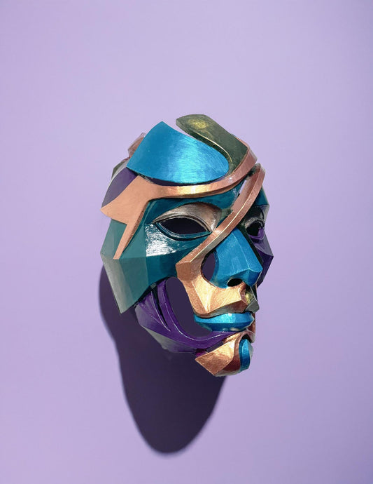 Abstract Colorful Puzzle Mask – Handcrafted Colorful Geometric Face Art, Unique Wall Decor, Cosplay & Festival Wear
