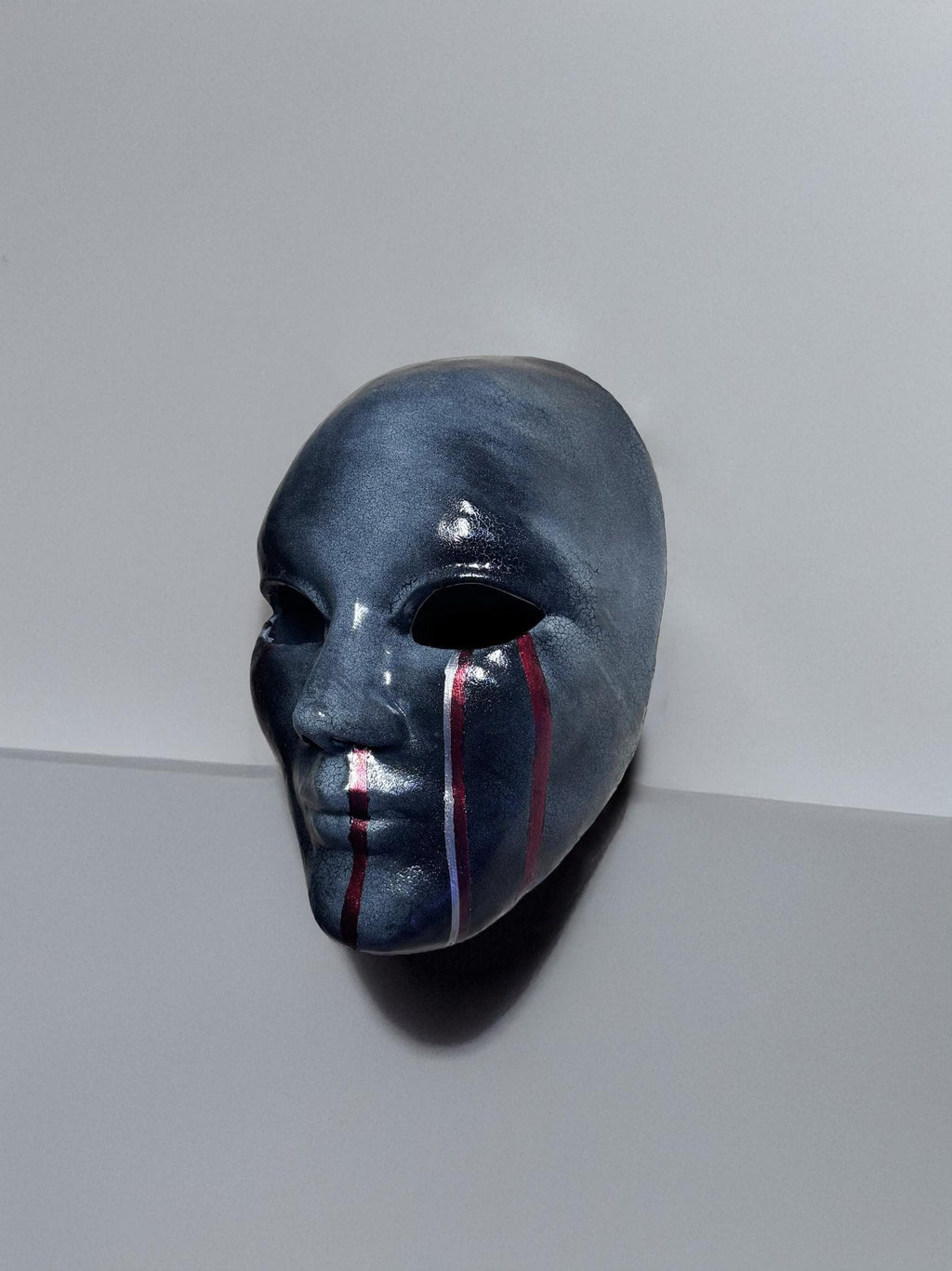 Dark Silver Crackle Face Mask with Red Stripes: Abstract Art Mask, Futuristic Halloween & Cosplay Costume