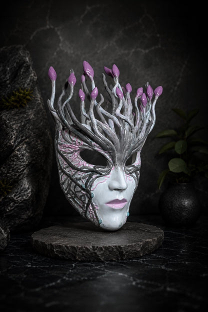 Pink Blossom Fantasy Forest Spirit Mask: Nature Goddess, Enchanted Tree Face, Hand Painted Art Mask, Fairy Wall Hanging