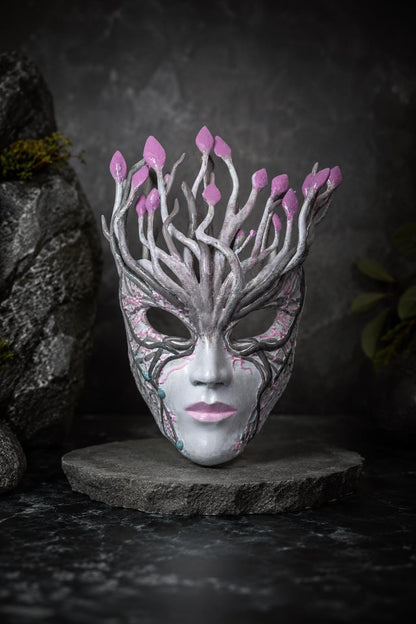 Pink Blossom Fantasy Forest Spirit Mask: Nature Goddess, Enchanted Tree Face, Hand Painted Art Mask, Fairy Wall Hanging