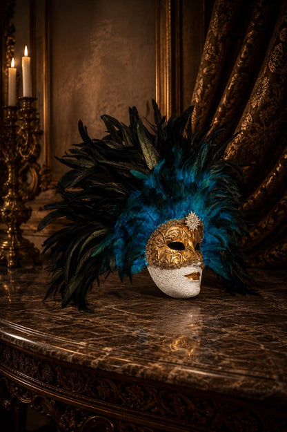 Gold Venetian Mask with Blue Feather Headdress: Mardi Gras Mask, Masquerade Ball Costume, eyes wide shut