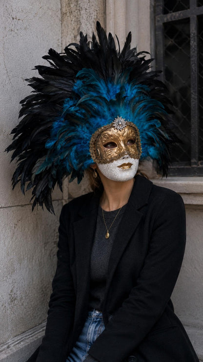 Gold Venetian Mask with Blue Feather Headdress: Mardi Gras Mask, Masquerade Ball Costume, eyes wide shut