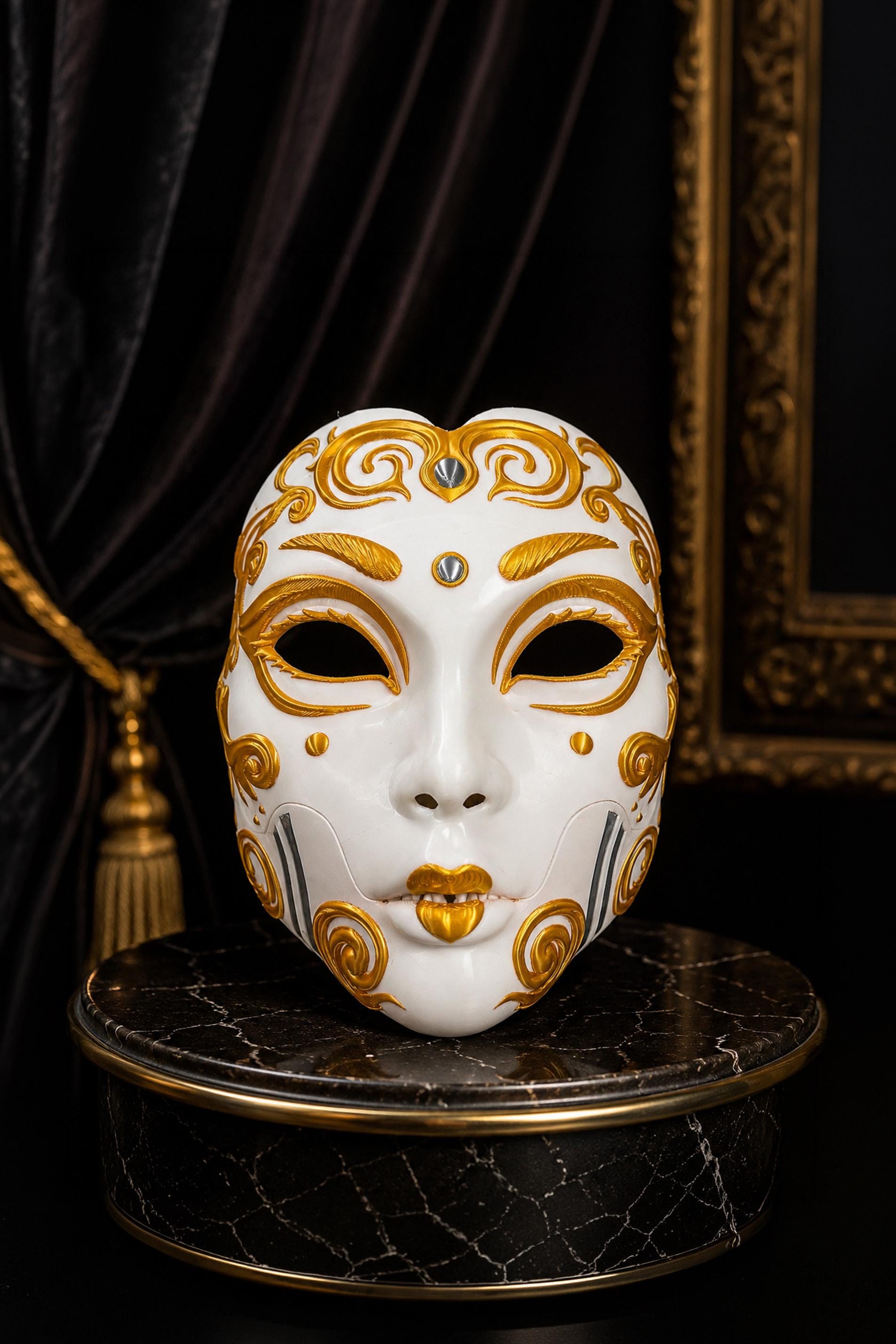 PRE-COLORED - NO Hand crafted Demon Geisha Gold Mask - Japanese Horror Folklore, Cosplay Masquerade
