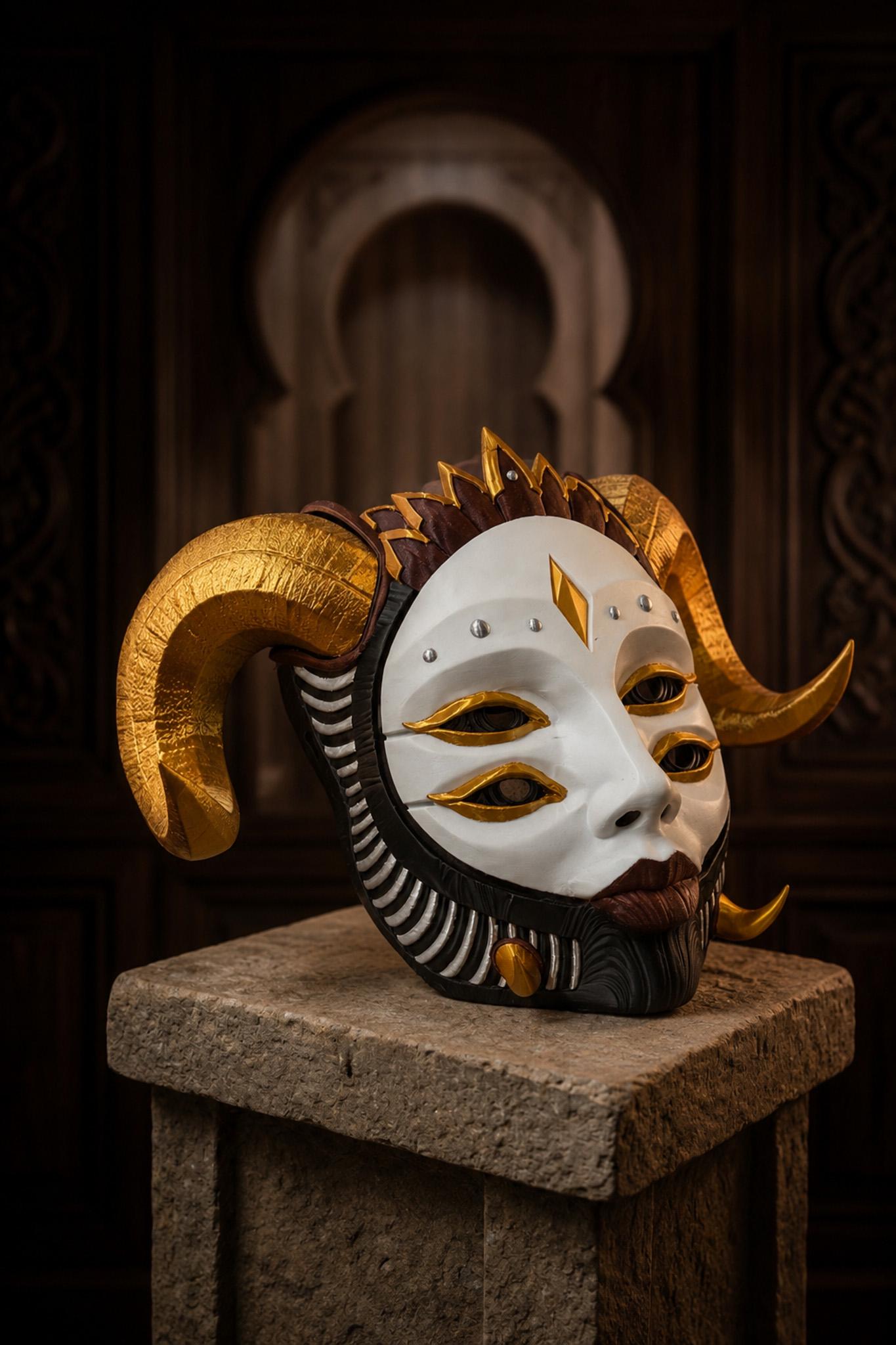 PRE-COLORED - NO Hand crafted Hellequin Gold white black Mask - Japanese Horror Folklore, Cosplay Masquerade