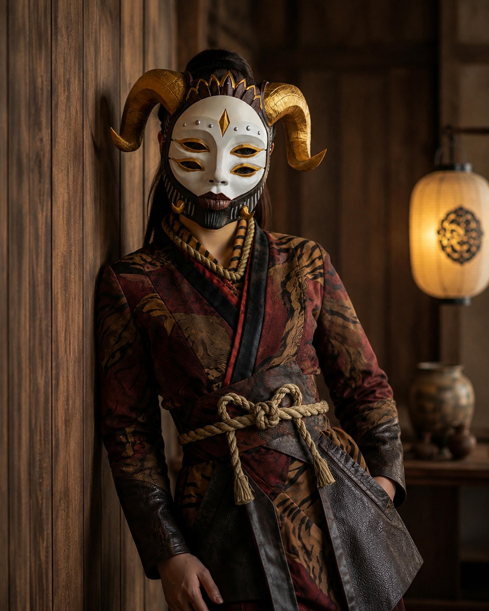 PRE-COLORED - NO Hand crafted Hellequin Gold white black Mask - Japanese Horror Folklore, Cosplay Masquerade
