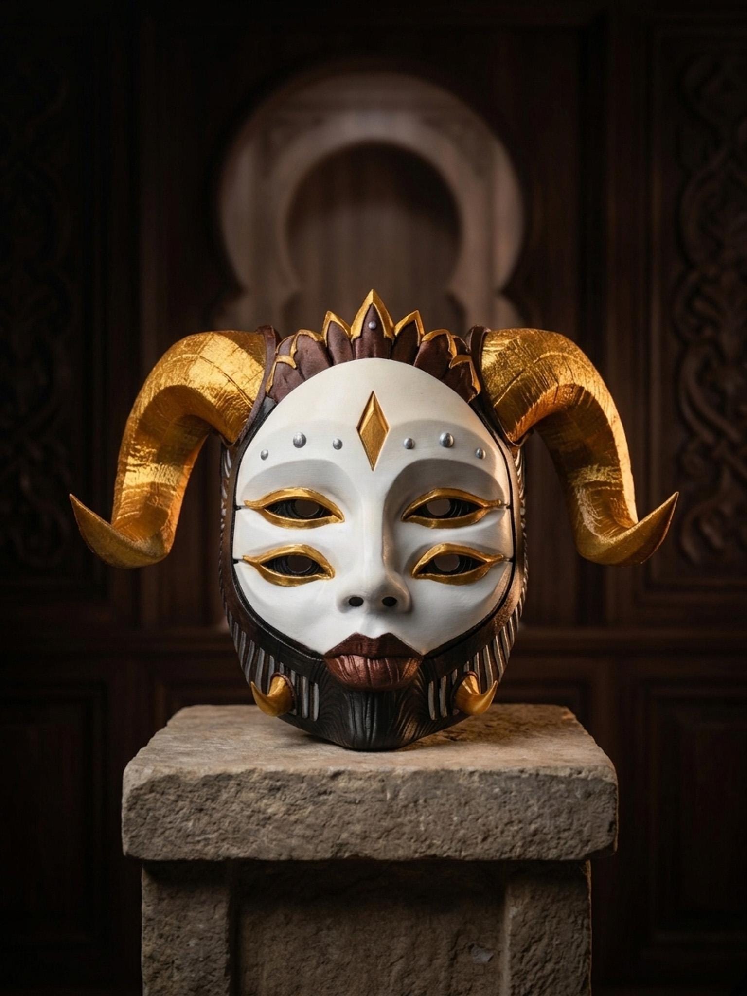 PRE-COLORED - NO Hand crafted Hellequin Gold white black Mask - Japanese Horror Folklore, Cosplay Masquerade