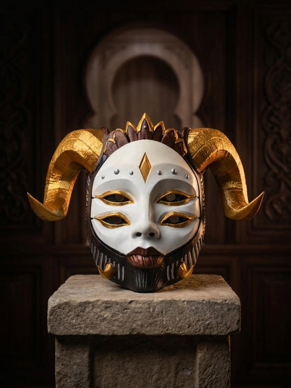 PRE-COLORED - NO Hand crafted Hellequin Gold white black Mask - Japanese Horror Folklore, Cosplay Masquerade