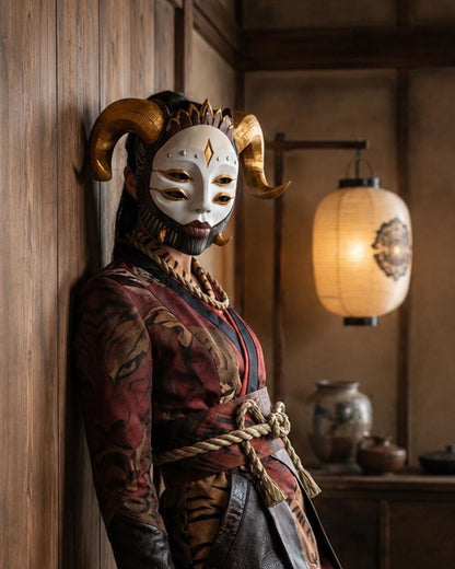 PRE-COLORED - NO Hand crafted Hellequin Gold white black Mask - Japanese Horror Folklore, Cosplay Masquerade