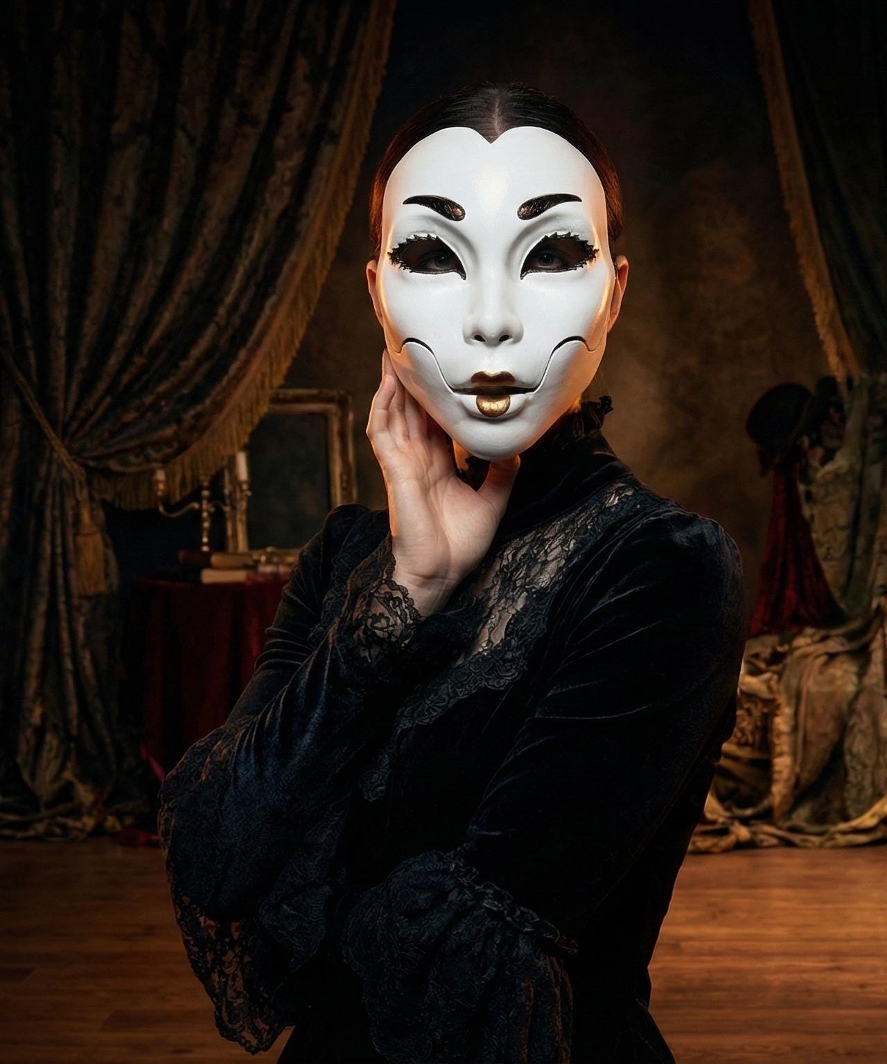 Demon Geisha Gold Mask - Japanese Horror Folklore, Cosplay Masquerade, cosplay