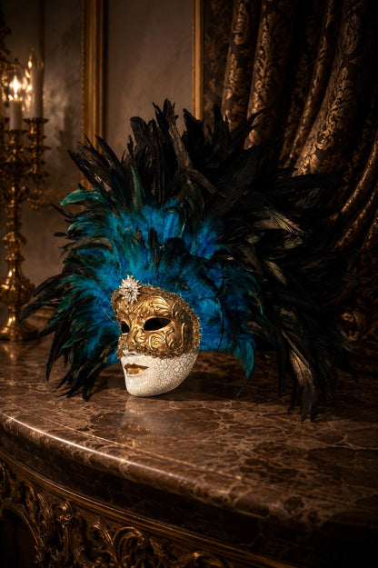 Gold Venetian Mask with Blue Feather Headdress: Mardi Gras Mask, Masquerade Ball Costume, eyes wide shut
