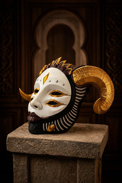 PRE-COLORED - NO Hand crafted Hellequin Gold white black Mask - Japanese Horror Folklore, Cosplay Masquerade