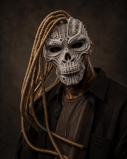Wraith Hunter Tribal Skull Mask with Rope Dreadlocks: Dark Fantasy Cosplay