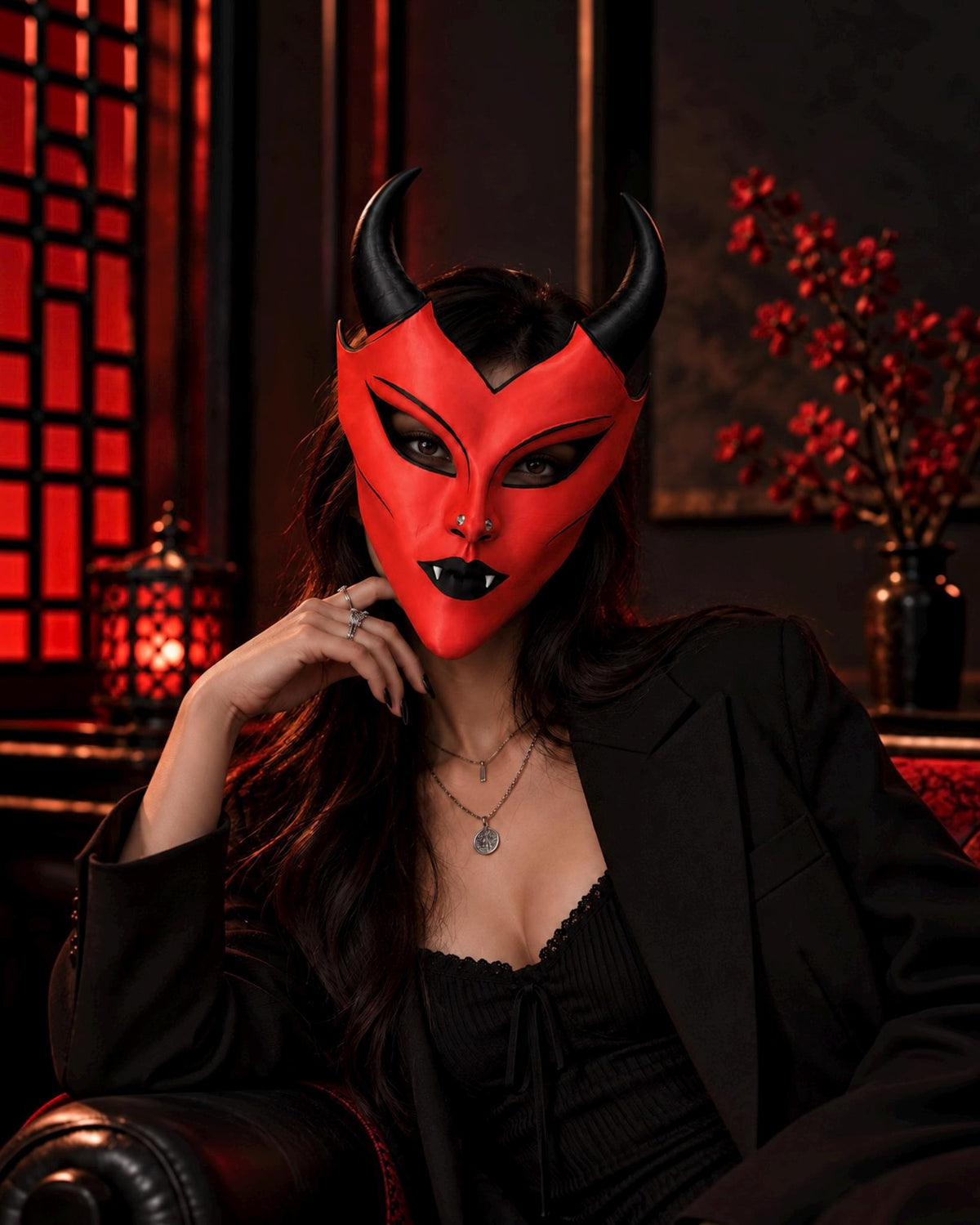 PRE-COLORED - NO Hand crafted - Red Horned Scarlet Demon - Devil Vampire Mask: Gothic Masquerade Face, Halloween Fantasy Cosplay Costume