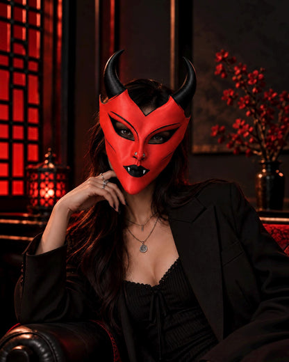 PRE-COLORED - NO Hand crafted - Red Horned Scarlet Demon - Devil Vampire Mask: Gothic Masquerade Face, Halloween Fantasy Cosplay Costume