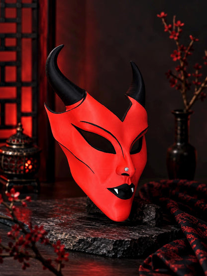 PRE-COLORED - NO Hand crafted - Red Horned Scarlet Demon - Devil Vampire Mask: Gothic Masquerade Face, Halloween Fantasy Cosplay Costume