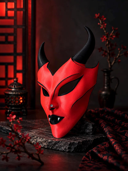 PRE-COLORED - NO Hand crafted - Red Horned Scarlet Demon - Devil Vampire Mask: Gothic Masquerade Face, Halloween Fantasy Cosplay Costume
