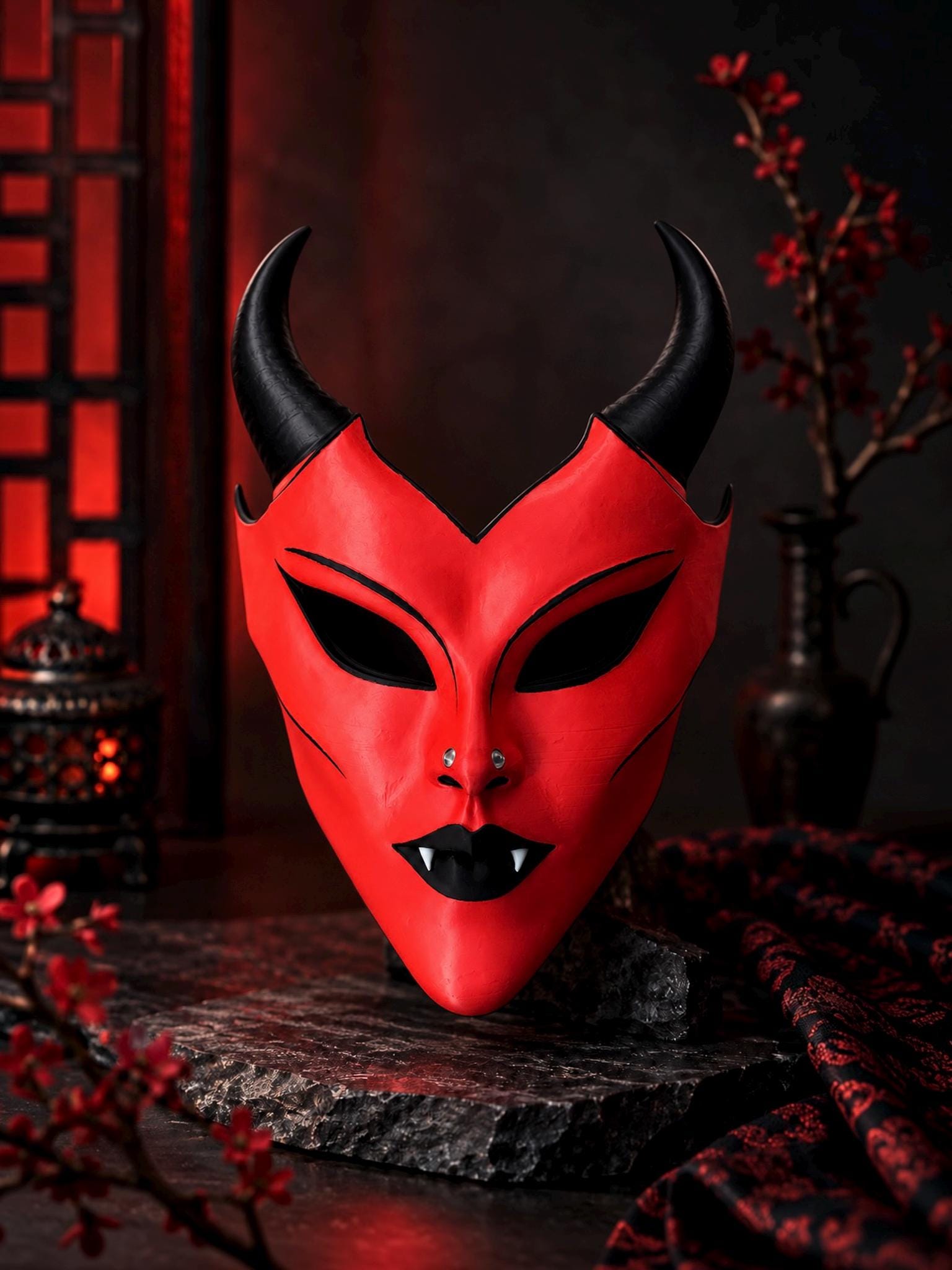 PRE-COLORED - NO Hand crafted - Red Horned Scarlet Demon - Devil Vampire Mask: Gothic Masquerade Face, Halloween Fantasy Cosplay Costume