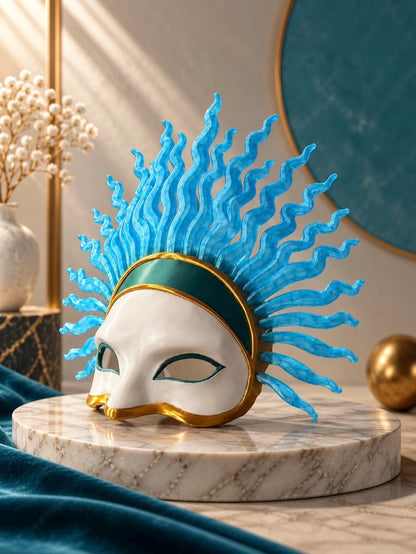 PRE-COLORED - NO Hand Crafted - Azure Flame Sun God – Blue Sunburst Masquerade, Venetian Mask Cosplay Face