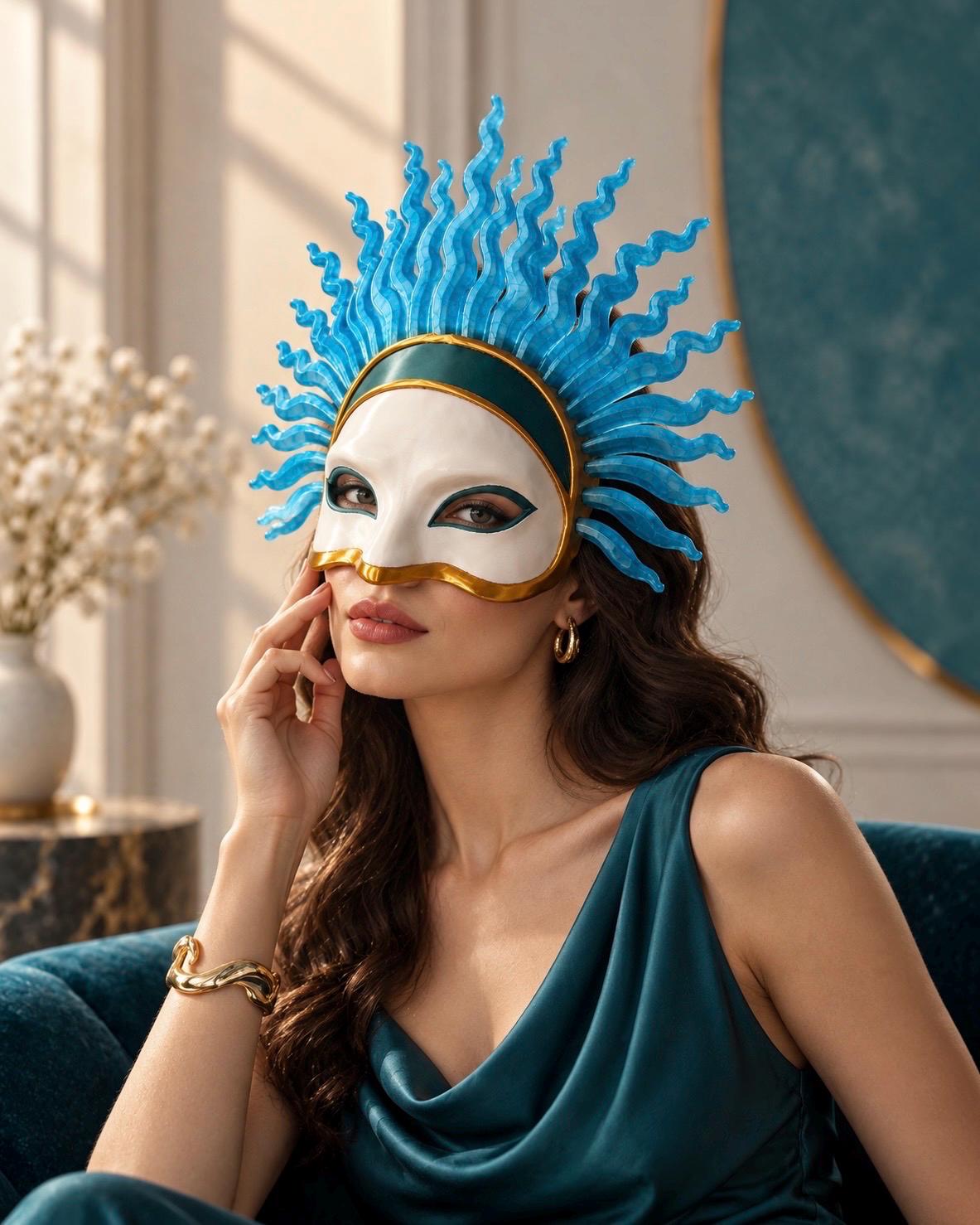 PRE-COLORED - NO Hand Crafted - Azure Flame Sun God – Blue Sunburst Masquerade, Venetian Mask Cosplay Face