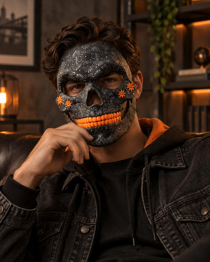 PRE-COLORED - No Hand Crafted - Pumpkin Skull Halloween Mask - Embroided - Jack-o-lantern Style - Scary