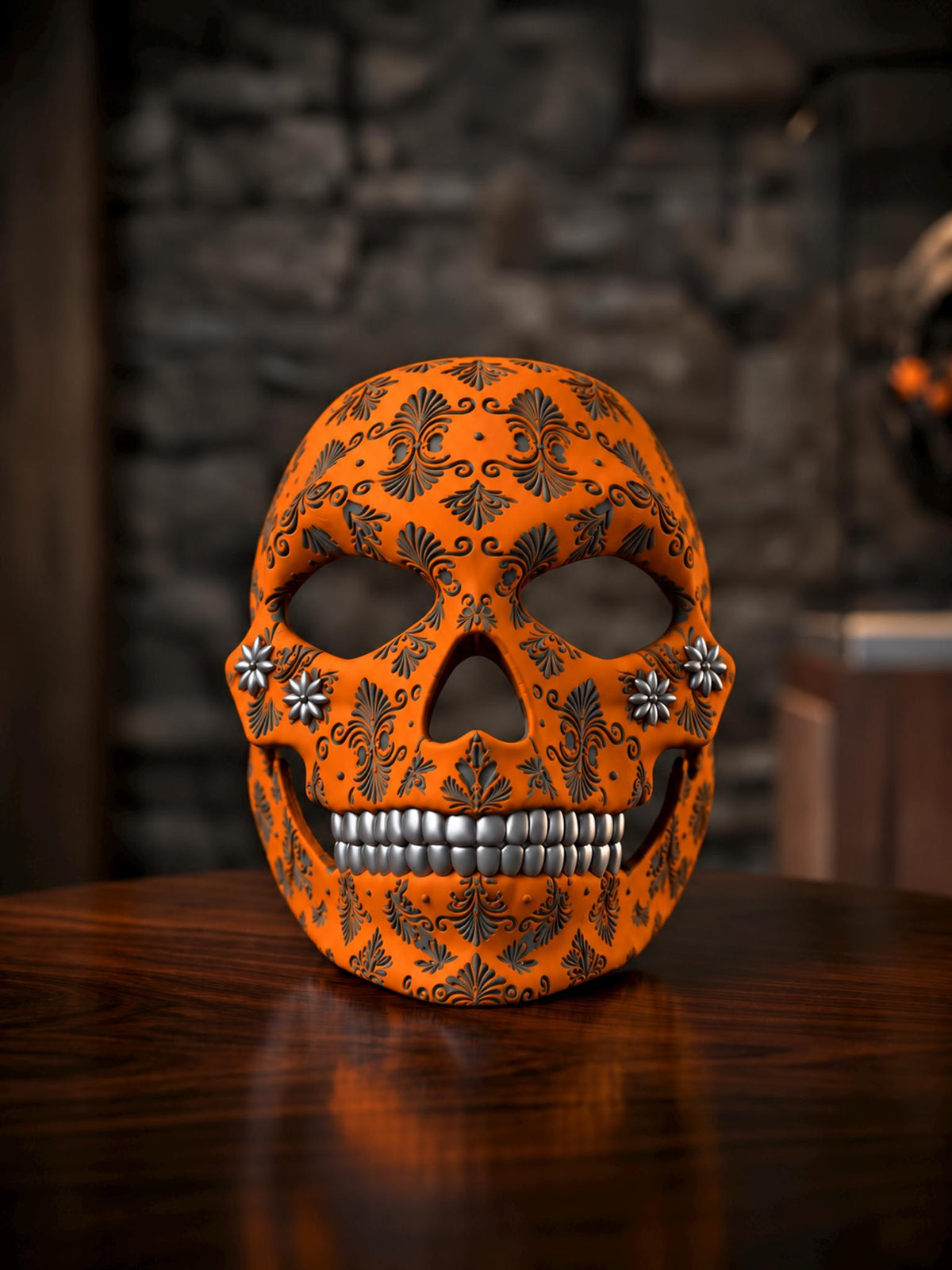 PRE-COLORED - No Hand Crafted - Pumpkin Skull Halloween Mask - Embroided - Jack-o-lantern Style - Scary