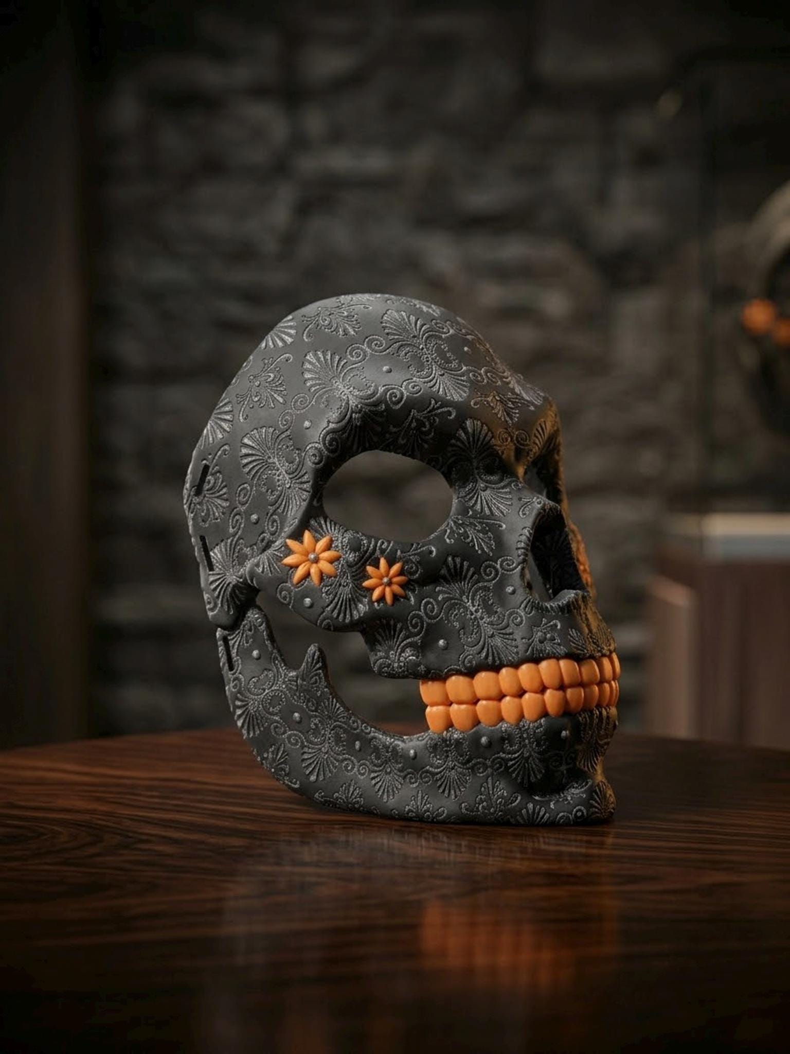 PRE-COLORED - No Hand Crafted - Pumpkin Skull Halloween Mask - Embroided - Jack-o-lantern Style - Scary