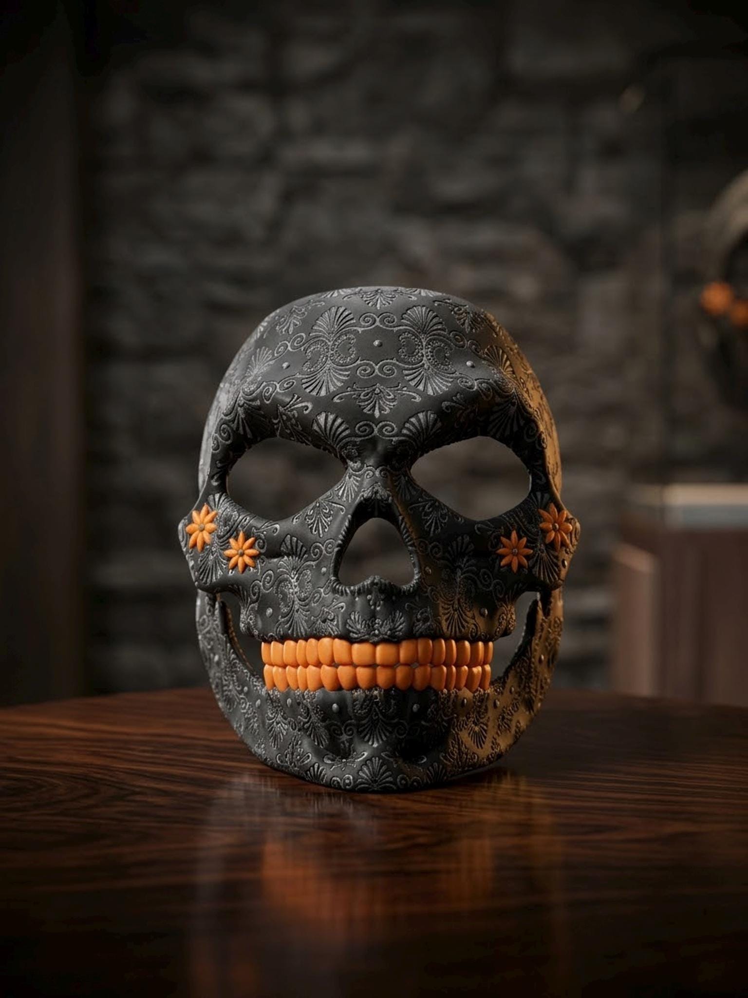 PRE-COLORED - No Hand Crafted - Pumpkin Skull Halloween Mask - Embroided - Jack-o-lantern Style - Scary